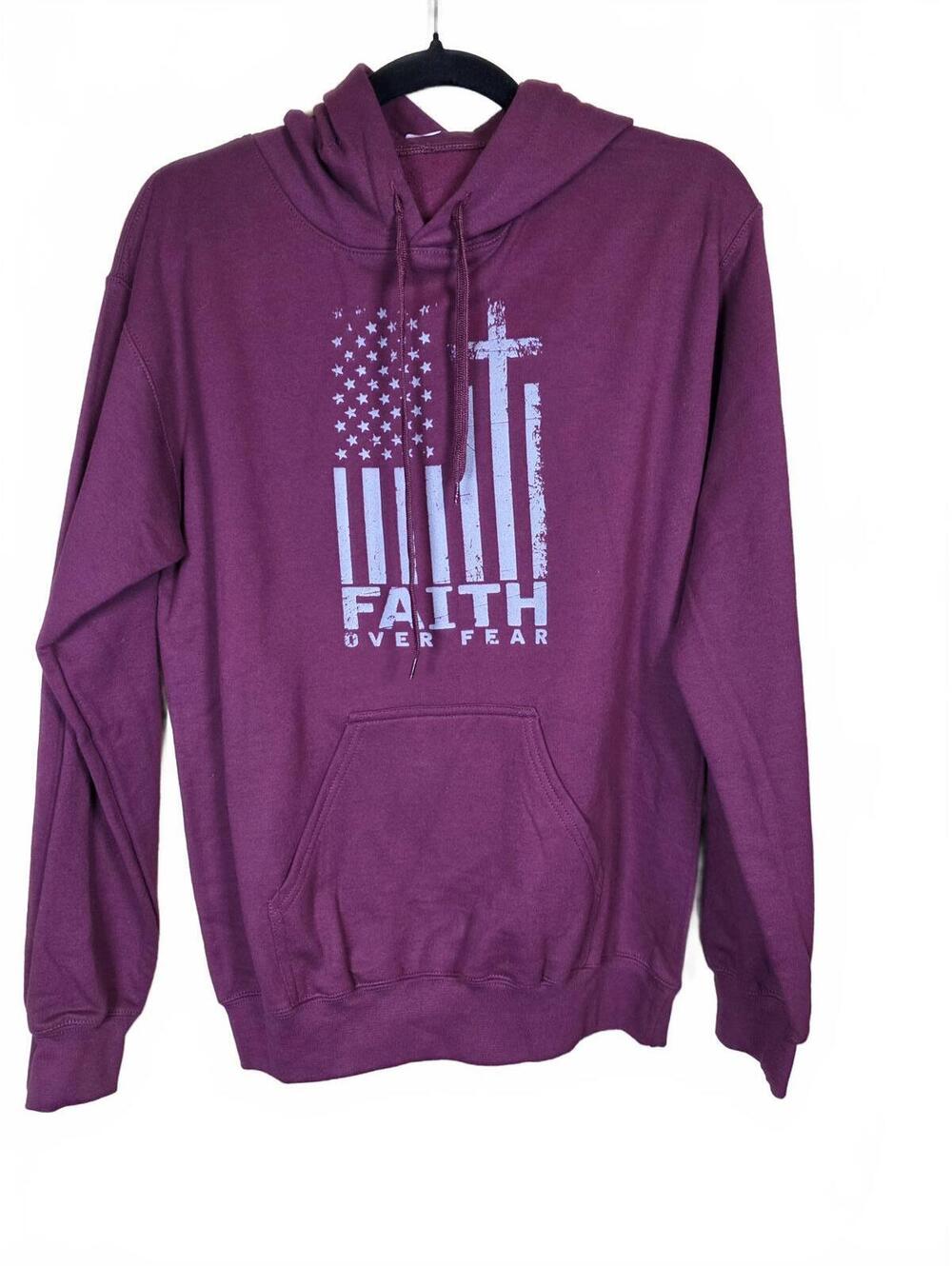 USA Flag Patriotic American Gift Faith Over Fear Prayer Pullover Hoodie S